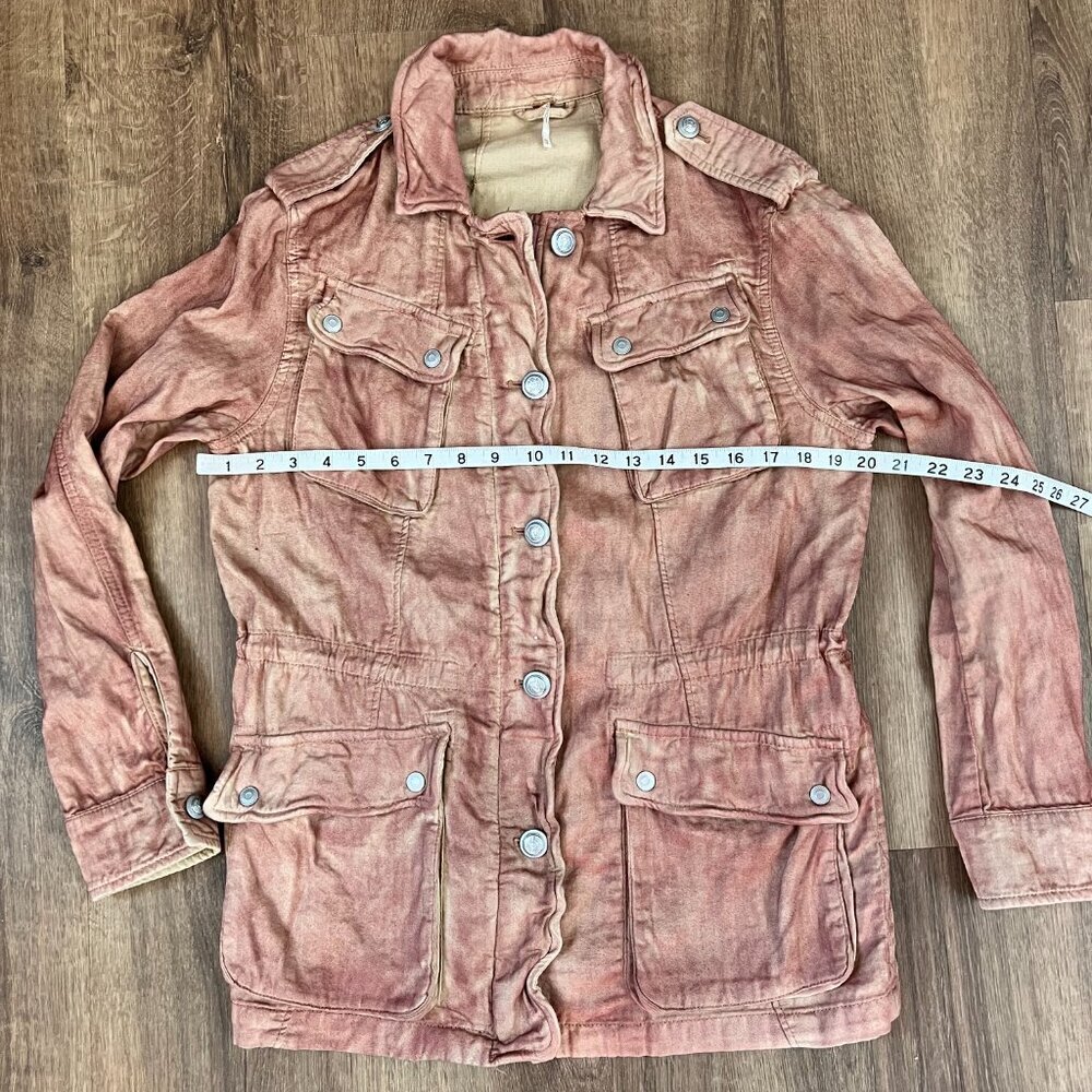 FREE PEOPLE Rose Pink Double Cloth Military Jacket Pockets Cinch Tie Waist Sz XS - Picture 7 of 15
